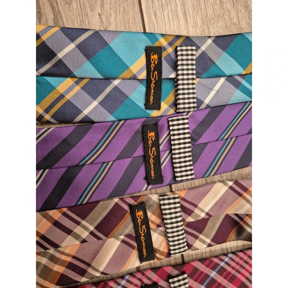 Ben Sherman Mens Silk Necktie Lot 5 Plaid Striped Gingham Teal Purple Red Orange